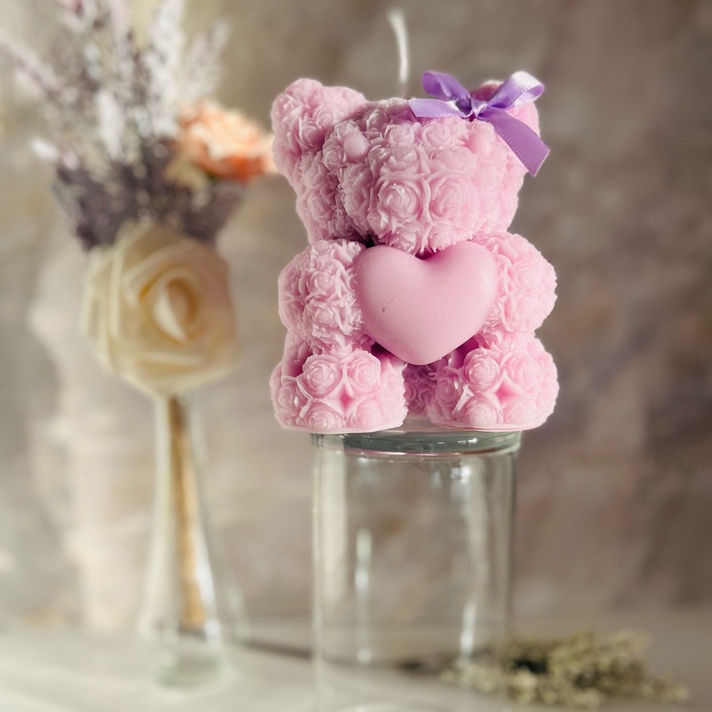 Pink Rose Teddy Bear Candle